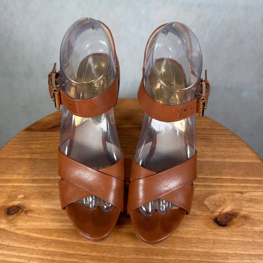 Michael Kors Platform Sandals Womens 8M Brown Good Leather Ankle Strap ST15A